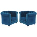 Bild von Unique Set van  2 fauteuils CHESTERFIELD – velours – groenblauw